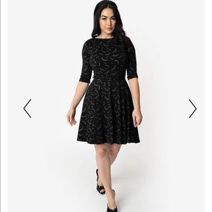 Unique Vintage Black Grey Bats Print Skater Dress